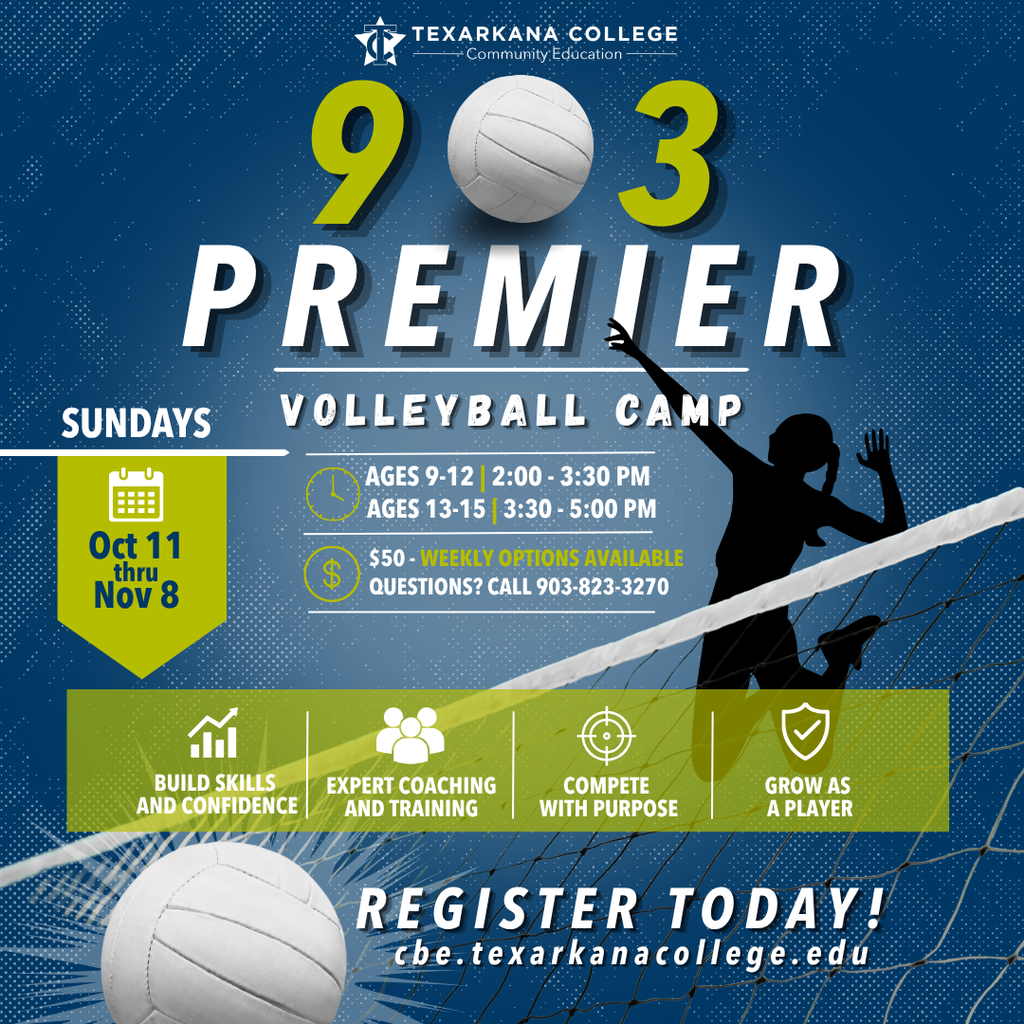Promotional flyer for 903 Premier Volleyball Camp, Sundays Oct 11–Nov 8, for ages 9–15, with coaching, training, and registration details. Volleyball net and silhouette graphics are included.